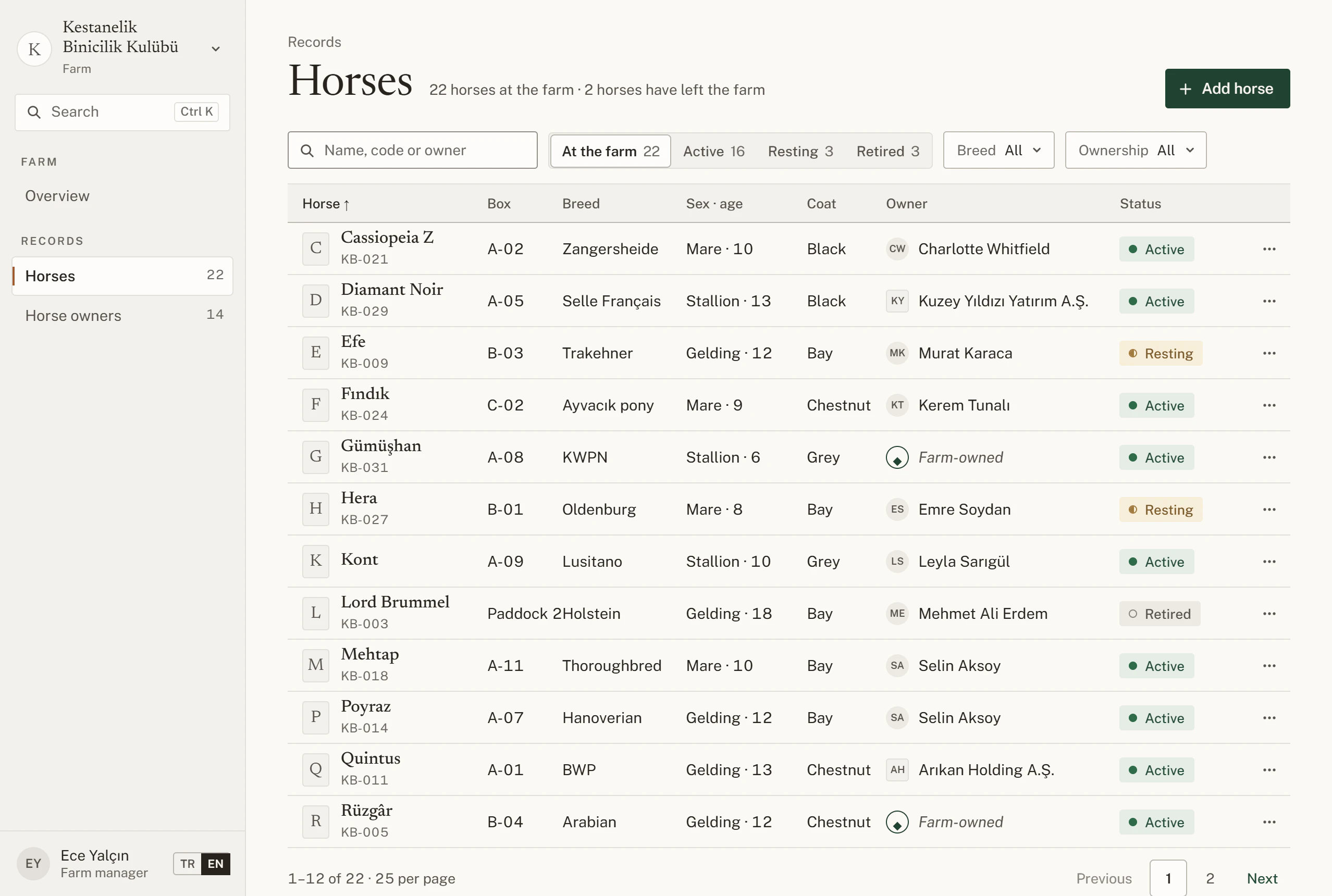 A sample horse list showing each horse’s box, status and owner.